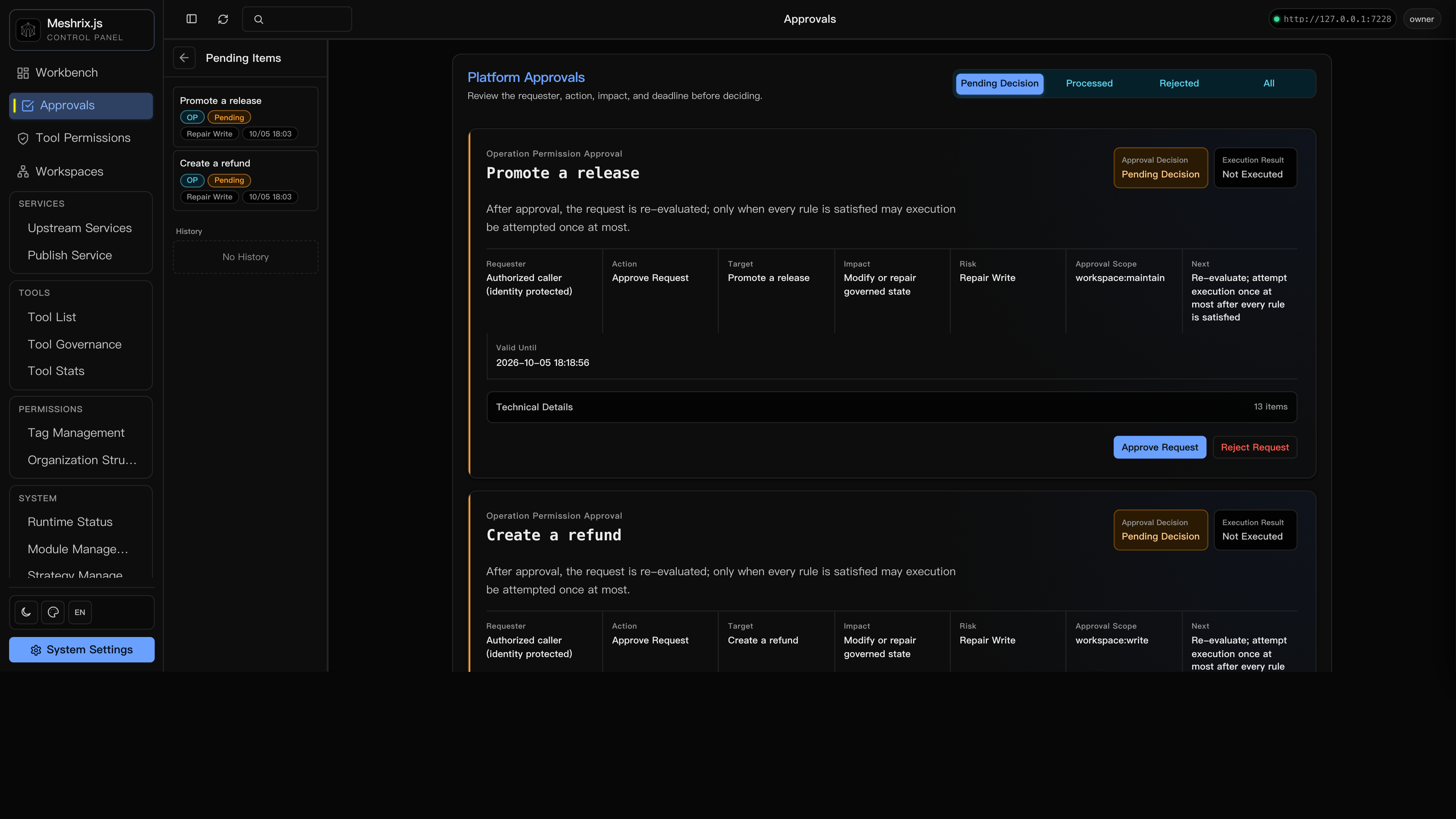Web Console approvals: two high-risk calls — promote a release, create a refund — waiting for a human decision.
