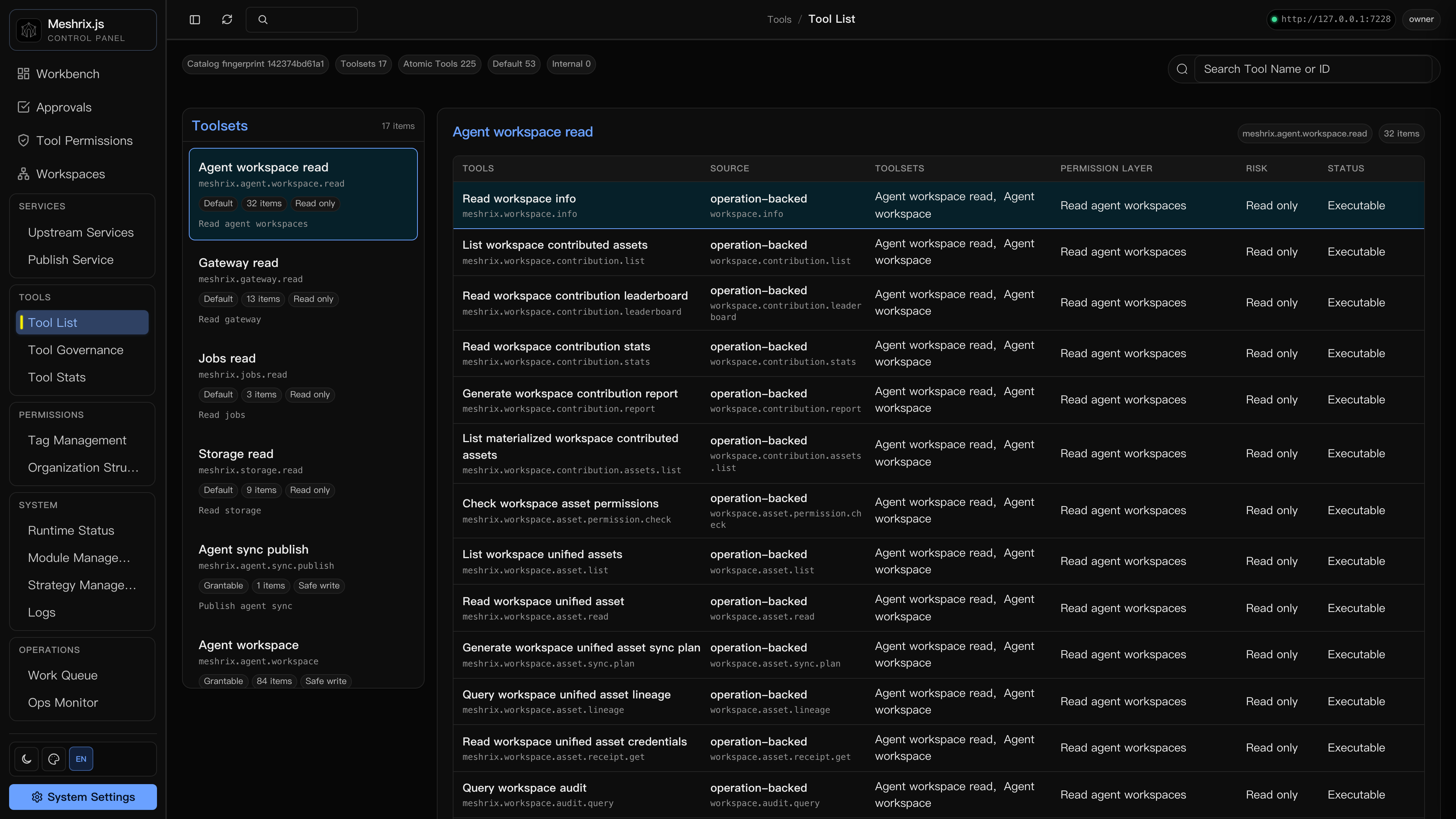 Web Console tool catalog: 17 toolsets grouping 225 atomic tools, each row showing permission layer, risk, and status.