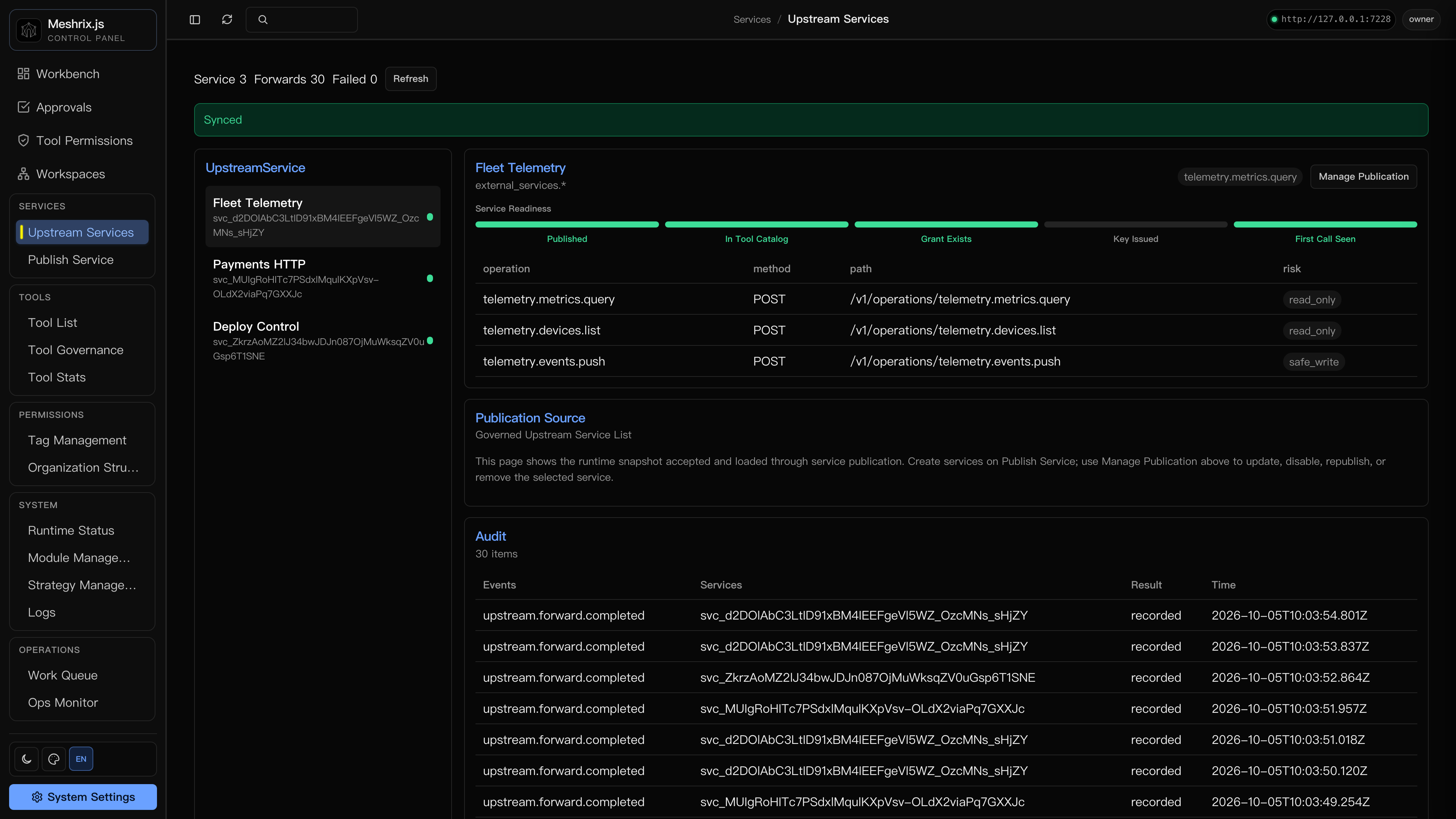 Web Console upstream services: three connected services with readiness stages, an operations table, and a 30-entry audit list.