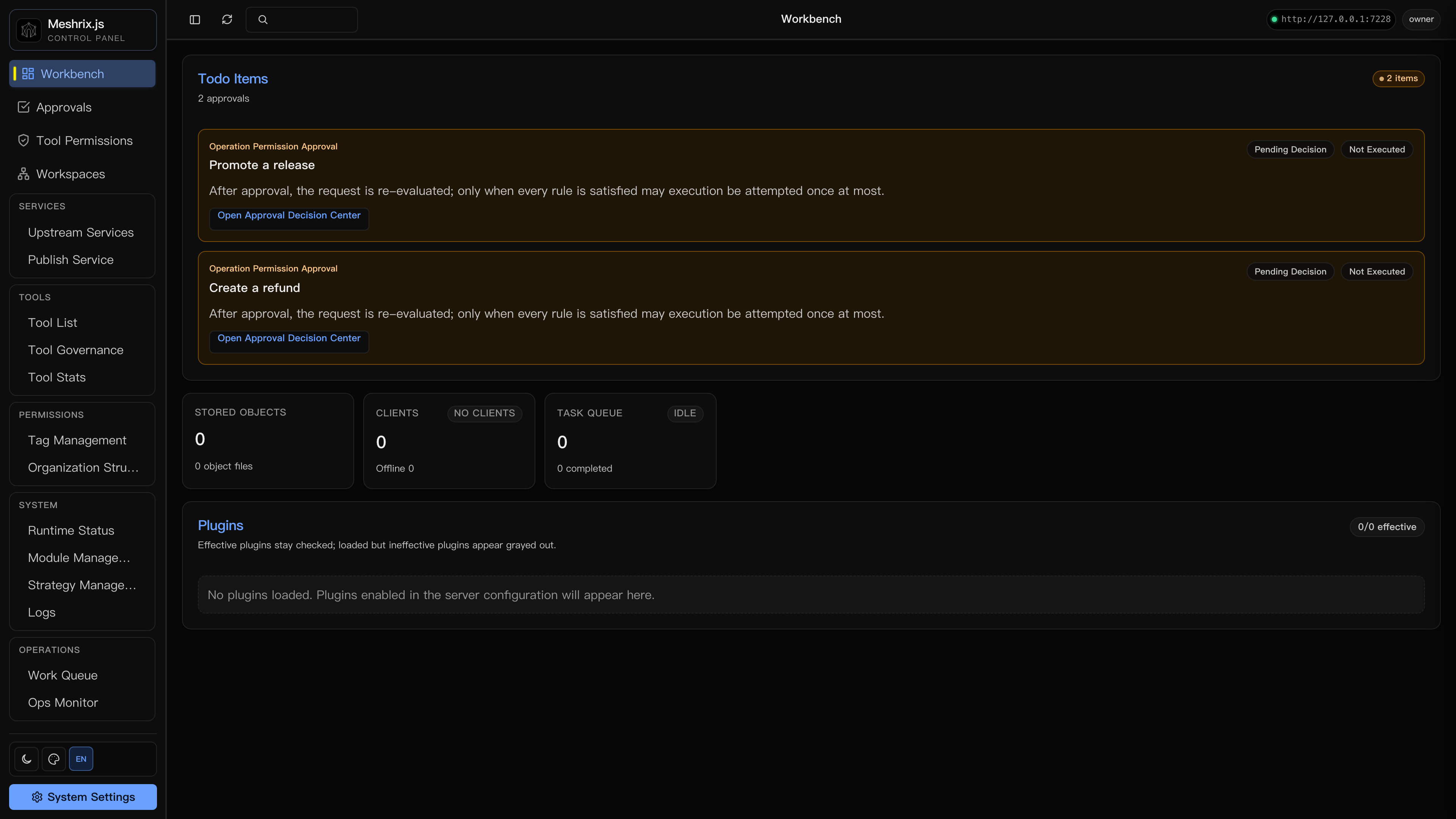 Web Console workbench: two pending approval to-dos above storage, client, and task-queue metric cards.